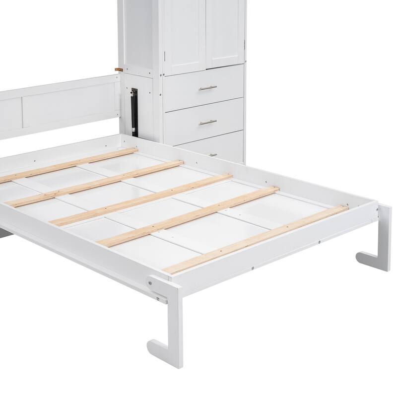 White Full Size Modern Murphy Bed with Drawers, Lockers, and Wardrobes