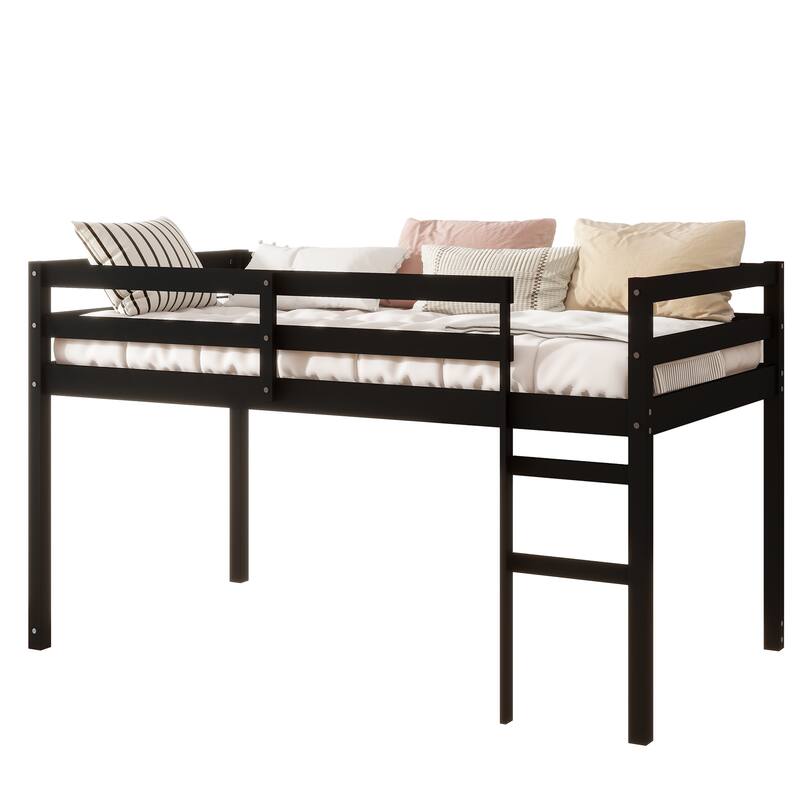 Black Twin Loft Bed with Ladder, Strengthened Slats, Rubber Wood and Plywood