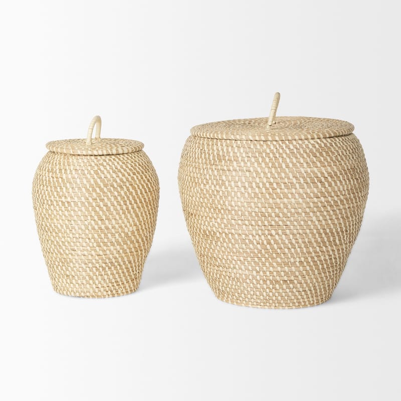 Kalopa Set of 2 Seagrass Floor Baskets w/ Flat Handled Lid - 18.1L x 18.1W x 17.3H