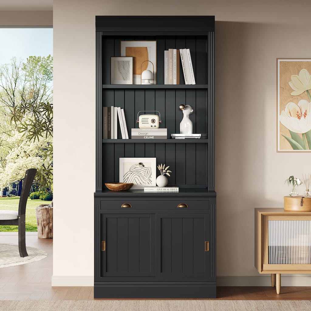 83.4" Modern Bookcase with Sliding Glass Doors & Open Shelves - Living Room/Office Storage