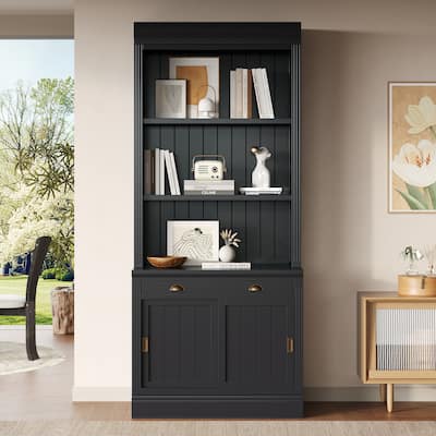 Classic Wood Bookshelf, Freestanding Bookcase with Open Shelves, Modern Storage Cabinet w/Sliding Doors, Drawers for Living Room