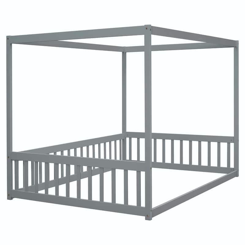 Full Size Canopy Frame Floor Bed with Fence, Guardrails,Natural