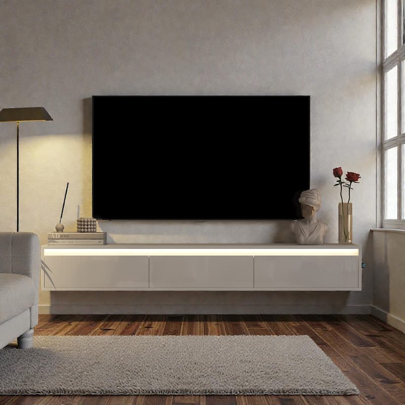 Floating TV Stand with LED Lights and Power Outlet, Wall Mounted High Gloss TV Cabinet for 60-69 Inch TVs