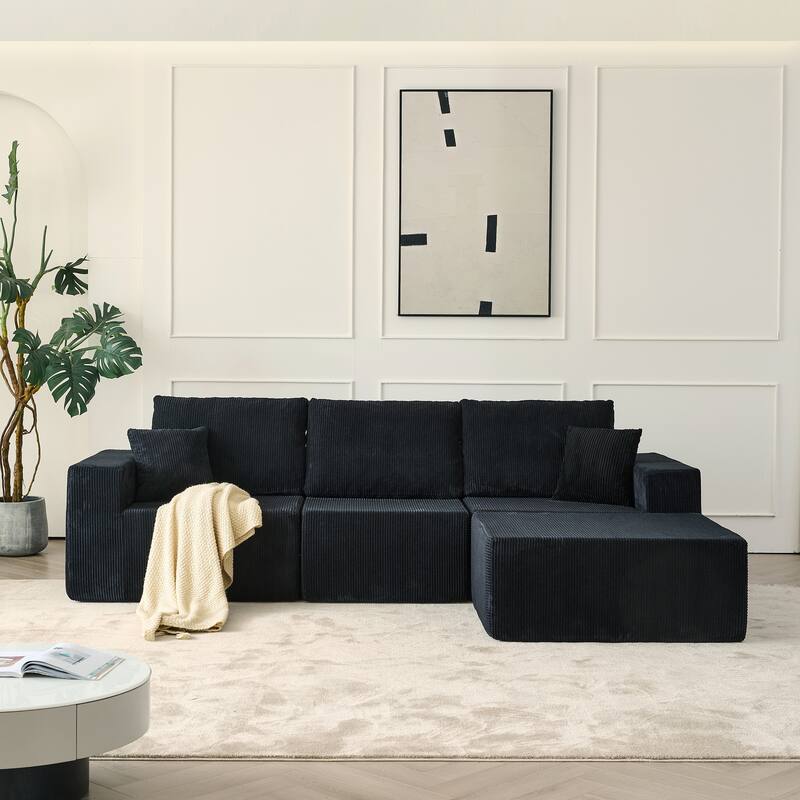 Modular L Shaped Sectional Sofa with Ottoman, Corduroy Boneless Cloud Sofa, 3 Seater Upholstered Sofa with 2 Pillows