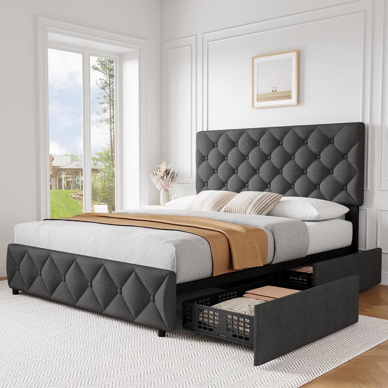 Bed Frame with 4 Storage Drawers and Adjustable Headboard - Grey - Full