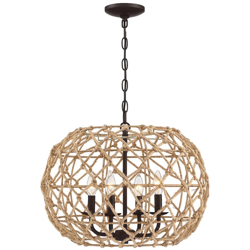 20-in 4-Light Rustic Natural Jute Rope Woven Globe Pendant Light with Brown Canopy - Coffee brown - 20 in. W - 20 in. W
