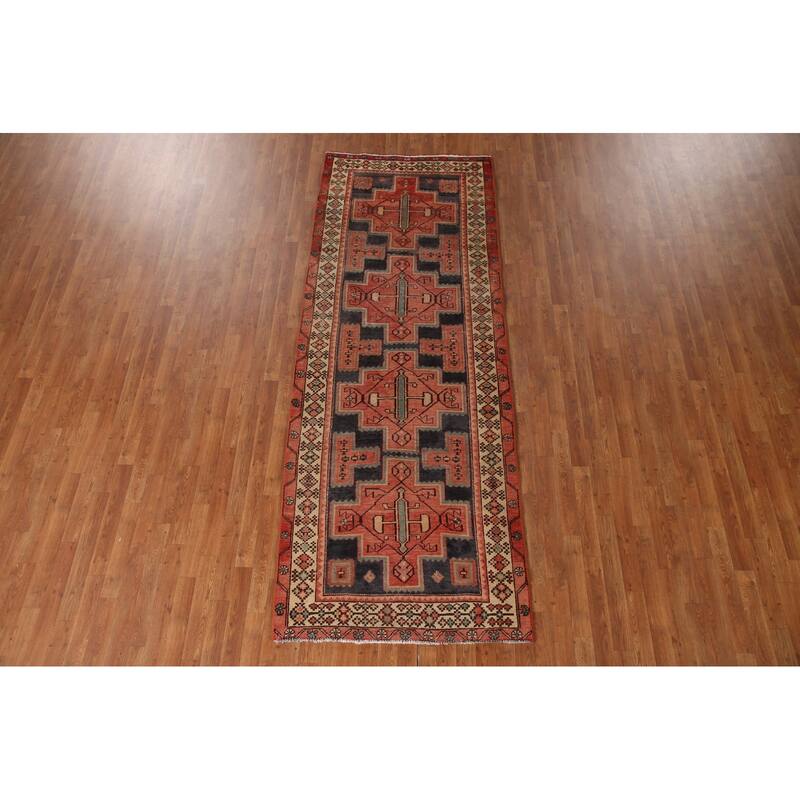 Geometric Pink Ardebil Persian Vintage Runner Rug Handmade Wool Carpet - 3'9"x 10'0"