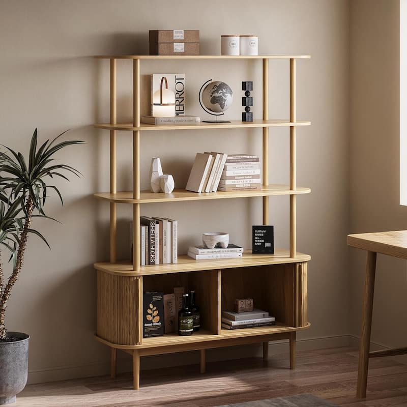 Bookshelf with Sliding Tambour Doors, Mid Century Modern Bookshelf with Storage, Wooden Open Display Shelf