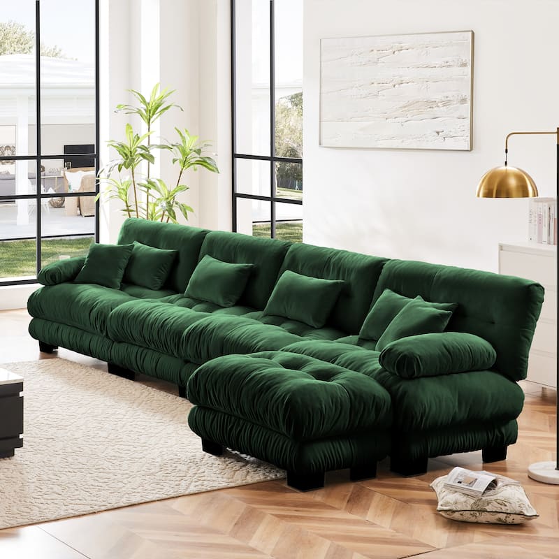 4-Seater L-Shaped Free Combination Modular Sofa with Convertible Ottoman - Green
