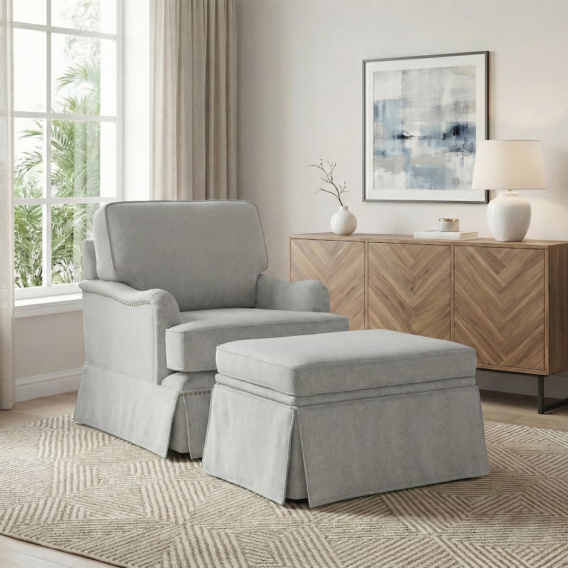 Chenille Swivel Accent Chair Storage Ottoman Set with Nailhead Trim Skirt - Beige