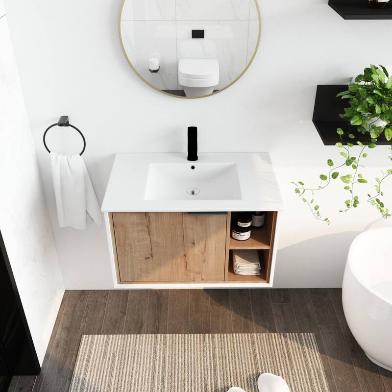 Modern 30'' Wall-Mounted Vanity with Ceramic Basin, Soft-Close Door, Durable Eco-Friendly Plywood - 30in L Plywood