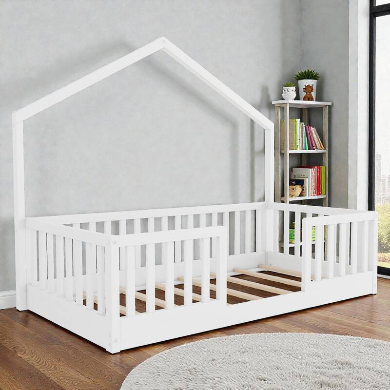 Wood Floor Bed with High Guardrails and LED Light, Montessori Style Low Profile Bed for Kids