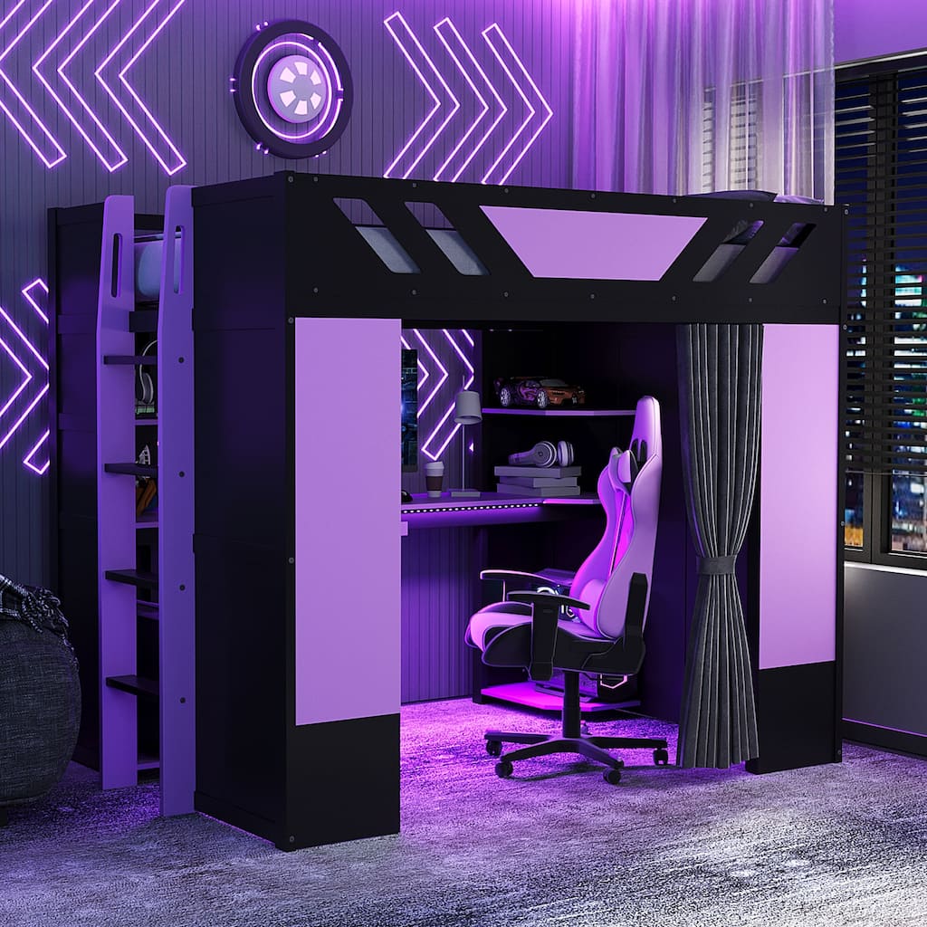 Full Size Loft Bed with Desk, RGB Lights, Storage & Blackout Curtains
