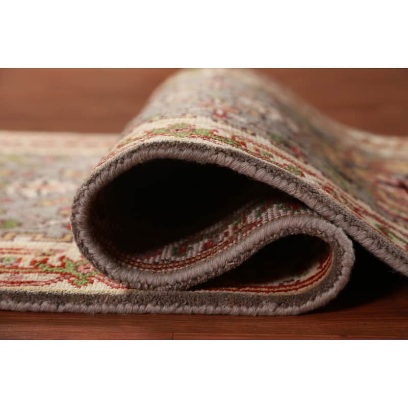 Hand Knotted Oriental 100% Wool Carpet Traditional Geometric Greys & Charcoal Heriz (serapi) Runner Rug - 7' 11'' X 2' 7''