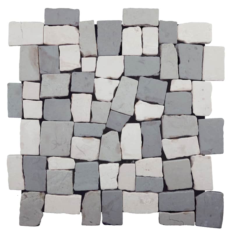 Cruz Bay Studio XQ3R Block Mosaic - 11" x 11" Pebble and Rock Floor - Light Grey / Off-White