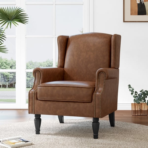 slide 2 of 82, Mid-Century Modern Linen/ Vegan Leather Wing Back Accent Chair Brown-Faux Leather