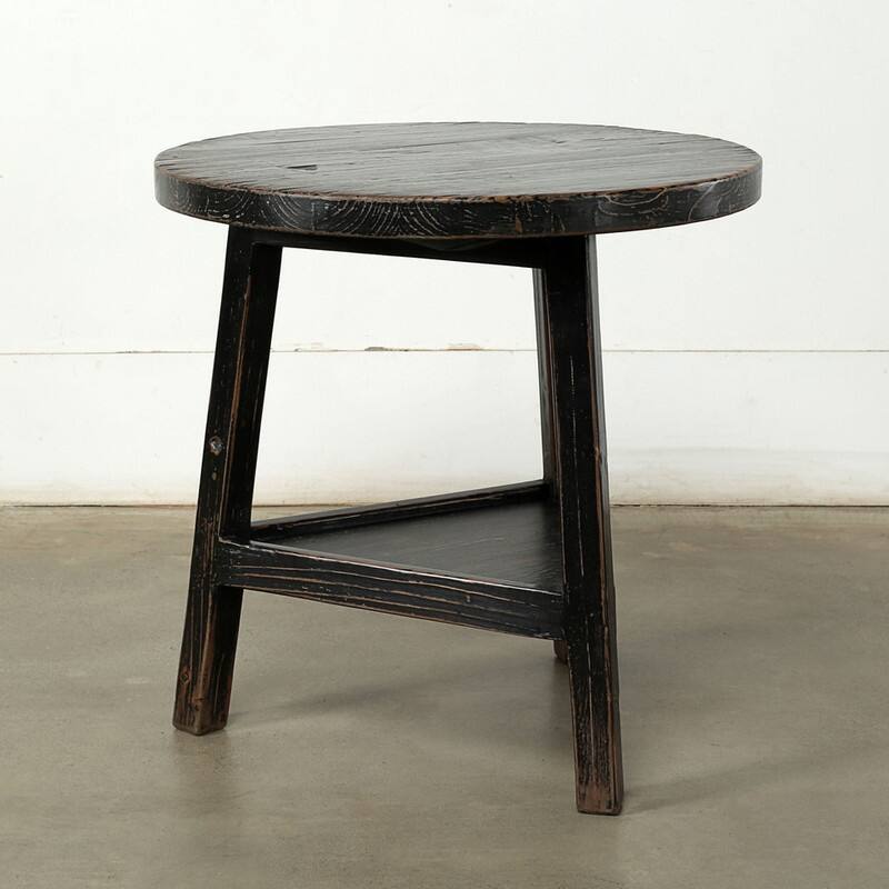 25 Inches Round Side Table with Shelf Distressed Black