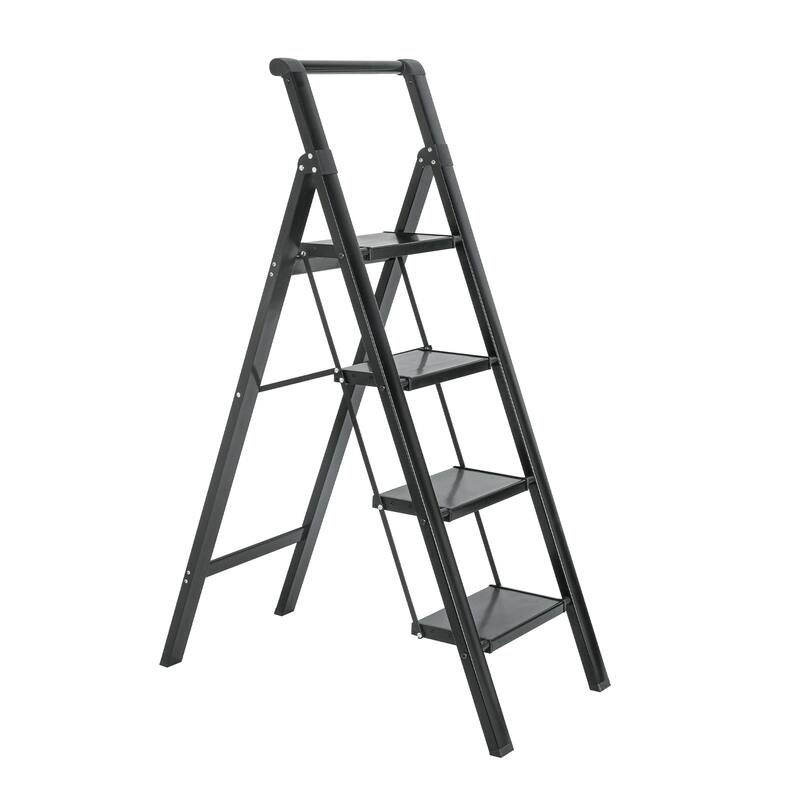 Black 4 Step Stool Folding Step Stool with Handrails