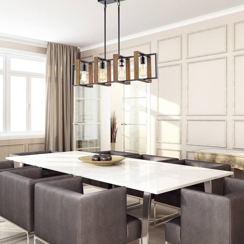 Matte Black and Wood 4-Light Linear Island Lighting with Exposed Bulbs
