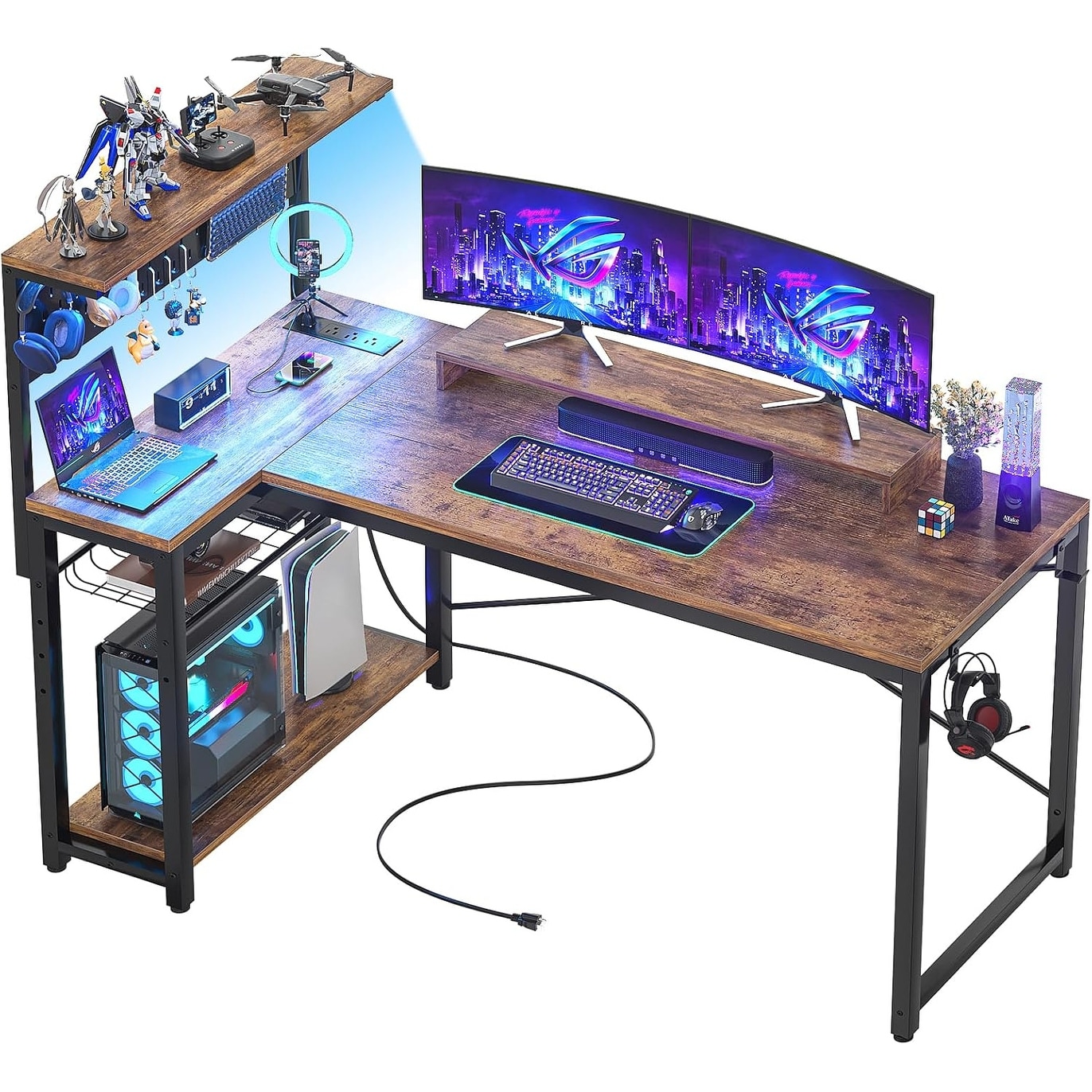 51 Inch L-Shaped Gaming Desk with LED Light, Power Outlets, Pegboard, and Reversible Storage Shelves