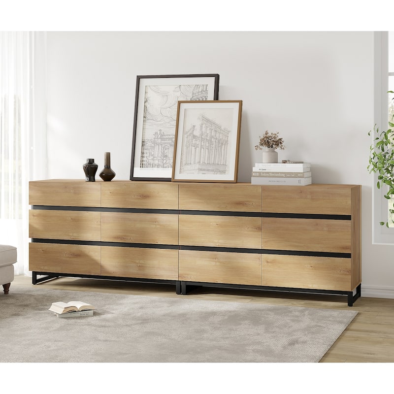 WAMPAT Dresser for Bedroom, Closet Organizers and Storage with Drawers, Chest of Drawers with Metal Base, Modern Wooden Dresser - Oak - 12-drawer