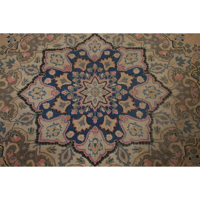 Vintage Distressed Mashad Persian Area Rug Hand-knotted Wool Carpet - 7'11" x 11'1"