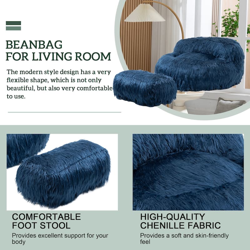 Plush Upholstered Round Comfort Lounger Bean Bag Chair with Ottoman