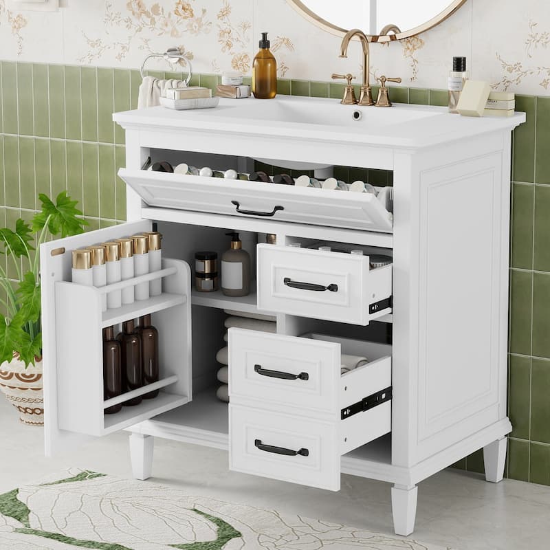 30 Inch Bathroom Vanity with Ceramic Sink Top, Flip Drawers, Freestanding Storage Cabinet (Faucet Not Included) - White