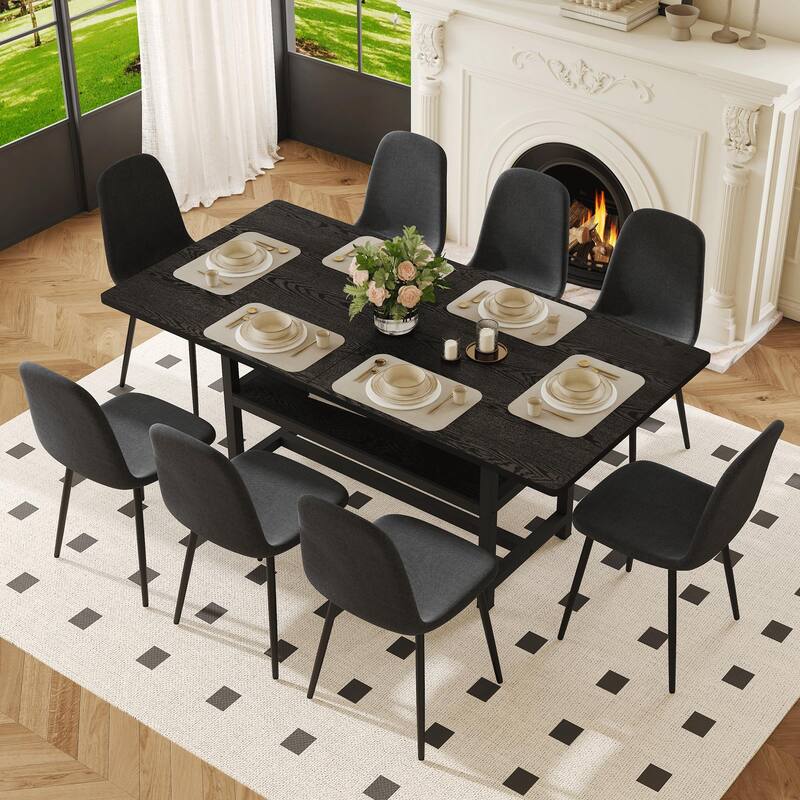 9-Piece Spliced Dining Table Set with Storage, 71x35.4 Inch Table & 8 High-Resilience Fabric Chairs - Black