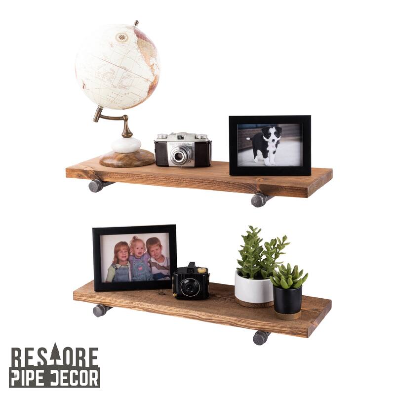 Restore Wood 24 in. Wall Shelf Straight Steel Pipe Brackets, Set of 2 - Autumn Brown