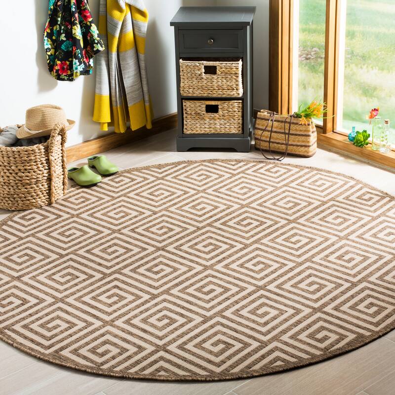 SAFAVIEH Linden Cathy Indoor/ Outdoor Waterproof Patio Backyard Rug - 6'7" Round - Cream/Beige