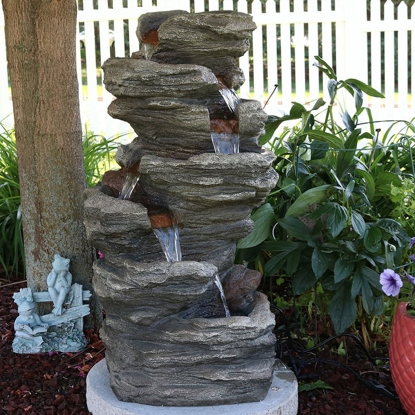 Sunnydaze Multi Level Flatrock Outdoor Water Fountain with LED Lights 32 Inch