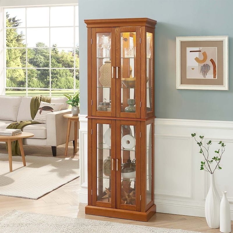 Lighted Curio Display Cabinet: Adjustable Shelves, Mirrored Back, Tempered Glass Doors (6 Tier)