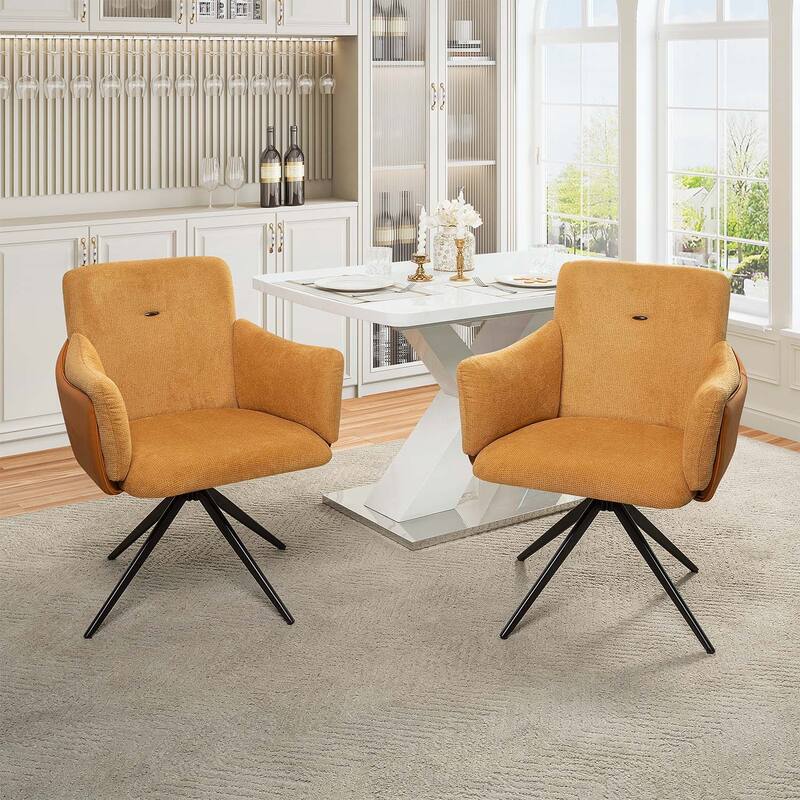360° Swivel Chairs Set of 2,Upholstered Dining and Bedroom Chairs with Metal Base - Orange+Black