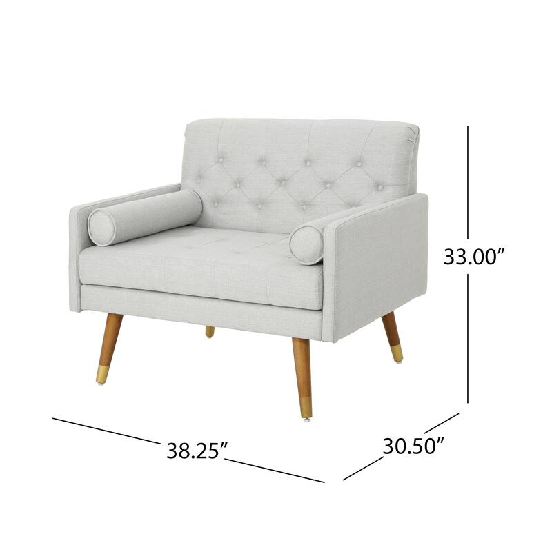 Light Grey Modern 38.25" Upholstered Button Tufted Club Chair with Bolster Pillows and Rubber Wood Legs
