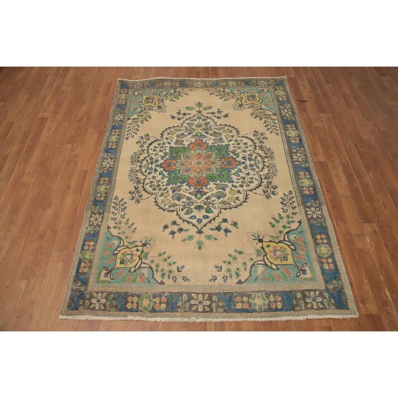 Hand Knotted Oriental 100% Wool Carpet Traditional Floral Beige & Ivories Tabriz Area Rug - 6' 5'' X 4' 8''