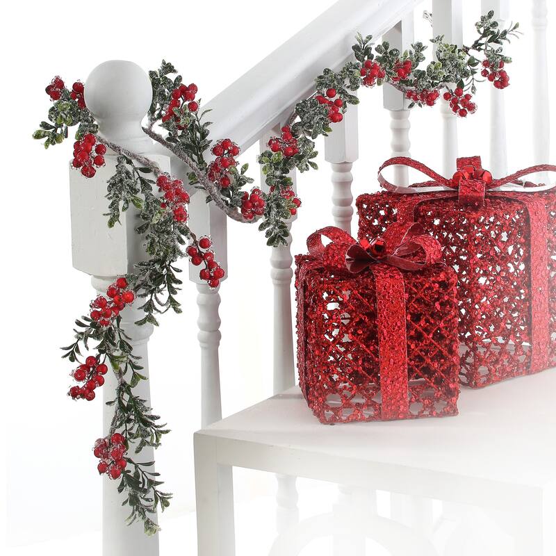 60" Iced Waterproof Berry Boxwood Garland - Green