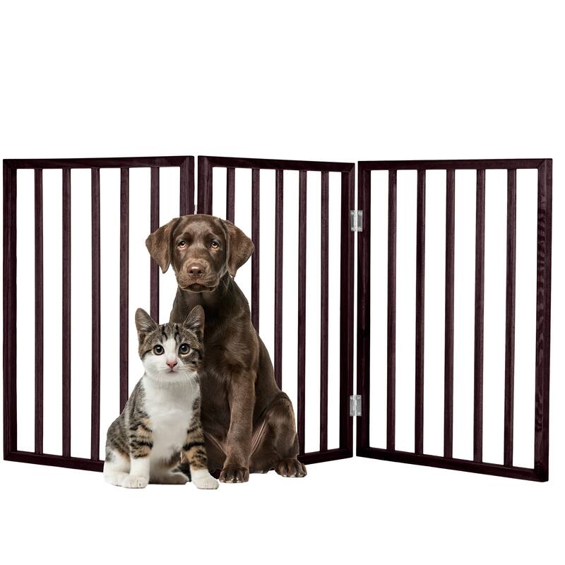 3-Panel Indoor Foldable Dog Gate - 54x24-Inch Wood Freestanding Pet Fence - Brown