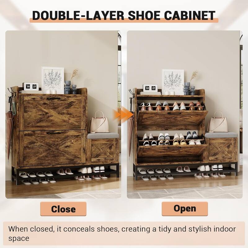 Shoe Cabinet with 2 Flip-Drawers & Storage Bench, Farmhouse Wood Freestanding Shoe Rack