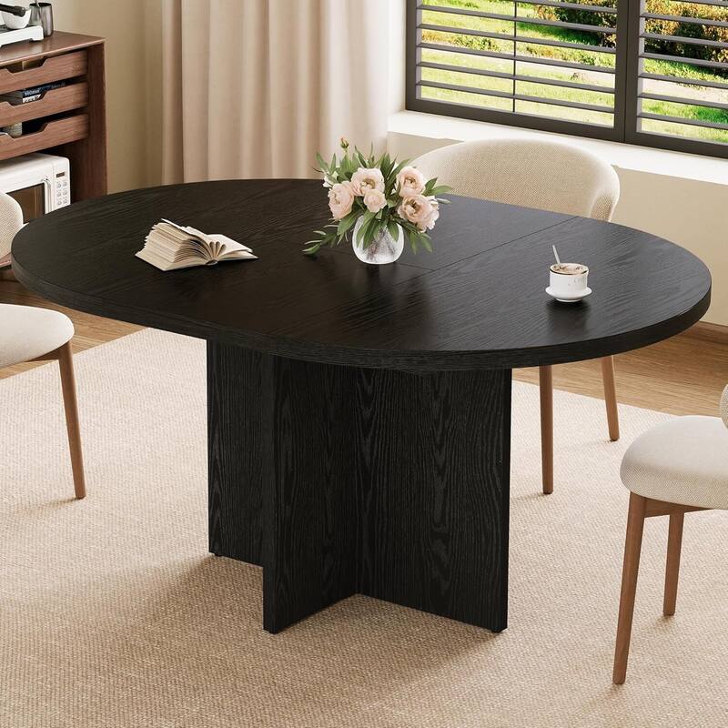 Extendable Round Kitchen Dining Table for Dining Room, Kitchen, Living Room - Black