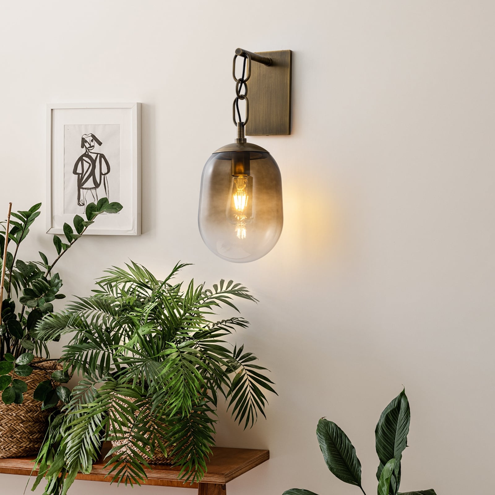 1-Light Gradient Tea-Colored Glass Wall Sconce Light Antique Bedroom
