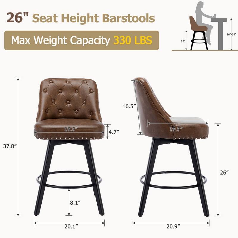 Bar Stools Set of 2, Modern Swivel Counter Height Bar Stools with Back and Wood Legs