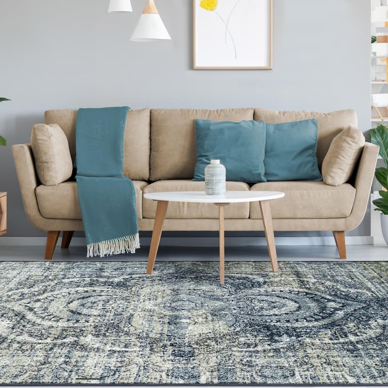 Superior Salford Vintage Abstract Medallion Plush Indoor Runner or Area Rug - 8' x 10' - Blue-Beige