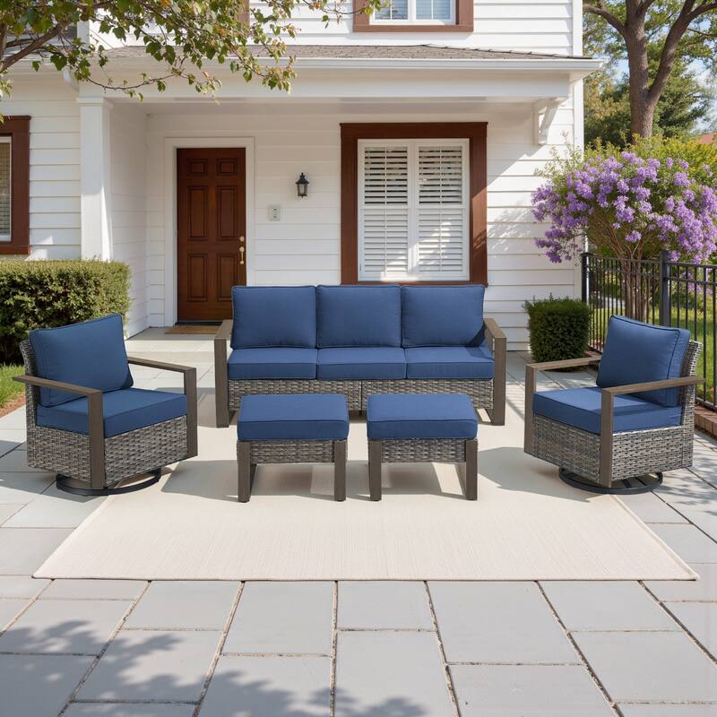 Pocassy Outdoor Sofa Patio Swivel Chair Funiture Set - Gray Wicker with Blue Cushion - 5-Piece Sofa Swivel Chair with Ottoman Set