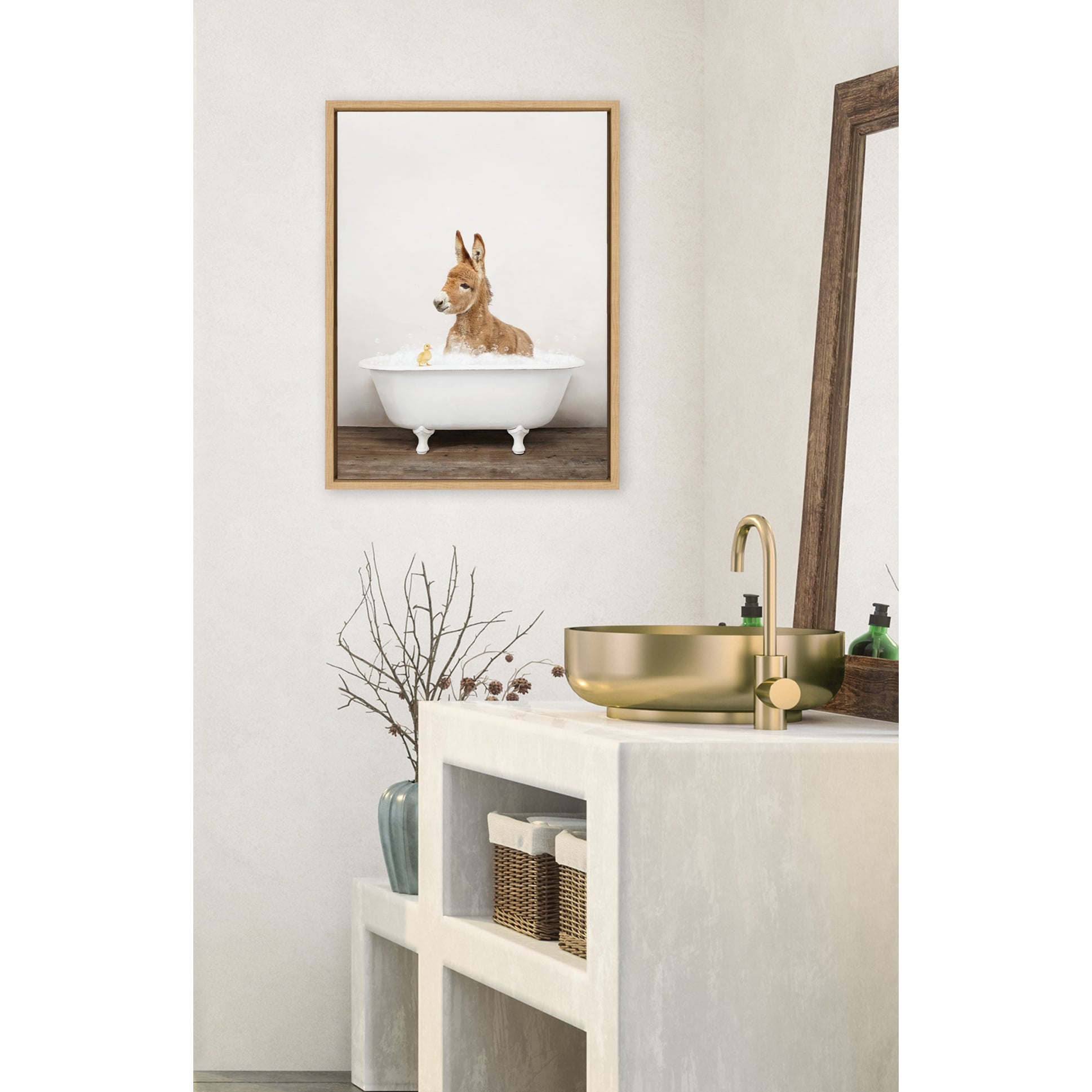 Kate and Laurel Baby Donkey Rustic Bath Framed Canvas by Amy Peterson