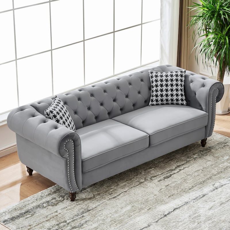 87"Chesterfield ‌velvet upholstery fabric Sofa with Roll Armrest & Nailhead,Upholstered Modern Couch,3 Seater Couch