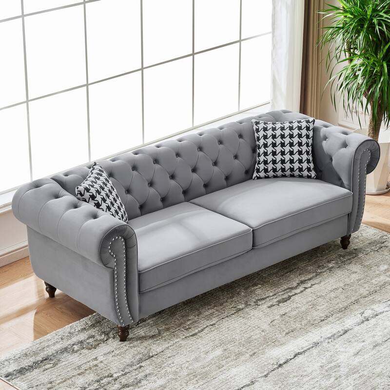 Chesterfield Upholstered 3 Seater Sofa, Velvet Fabric Sofa with Nailhead & Roll Armrest, Lounge Sofa with Solid Wood Frame‌