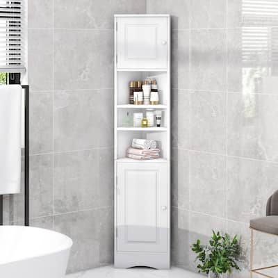 Tall Bathroom Storage Cabinet, Slim Corner Floor Cabinet with Two Doors and Adjustable Shelves