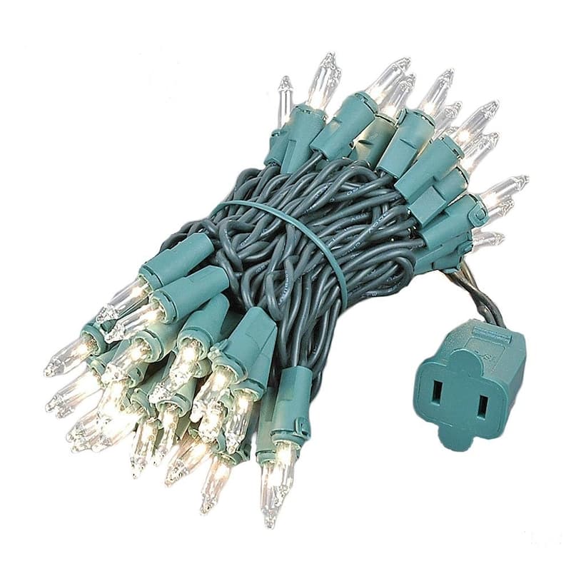 50 Light Christmas Mini Light Set, Green Wire, 11' Long - Clear