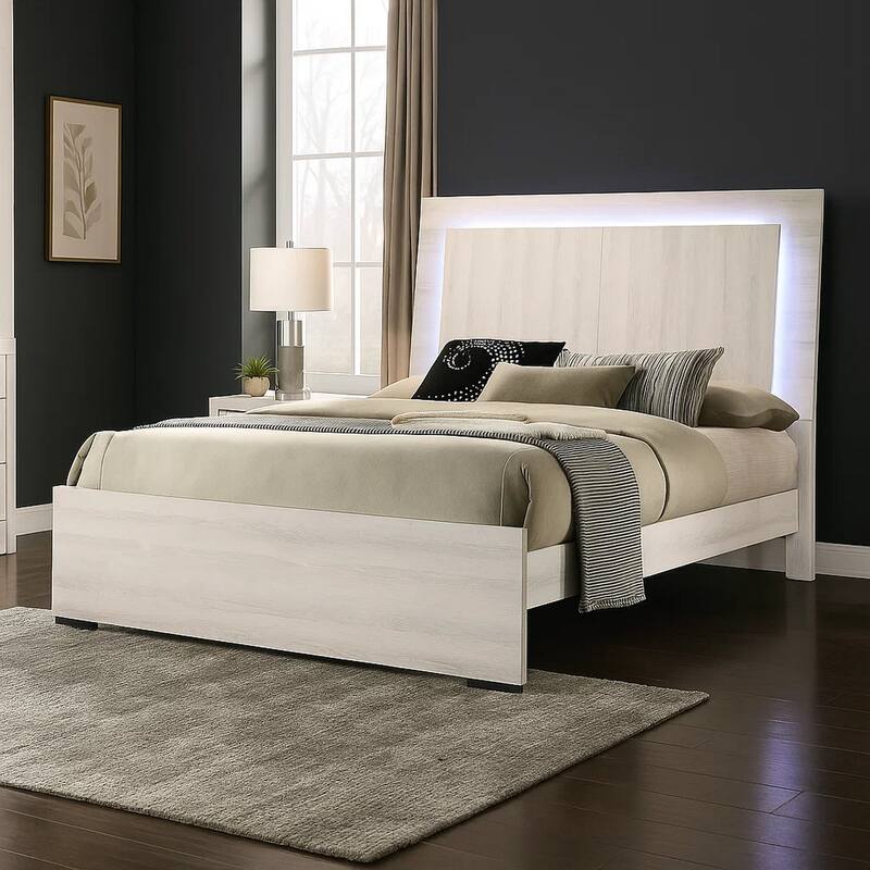 Hyao Queen Size Bed w LED on Headboard, Antique White Wash Finsih